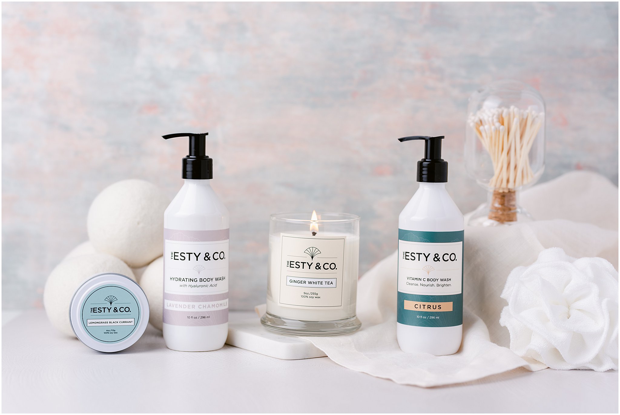 Spa products in serene, soft-toned setting.